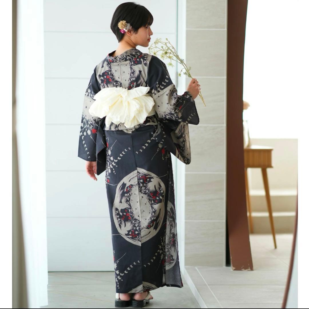 【ニコアンティーク 高級変わり織 浴衣3点セット モダンブラックに遊ぶ鳥の影絵】