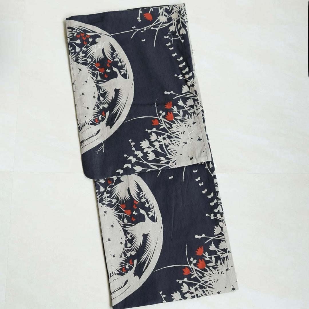 【ニコアンティーク 高級変わり織 浴衣3点セット モダンブラックに遊ぶ鳥の影絵】