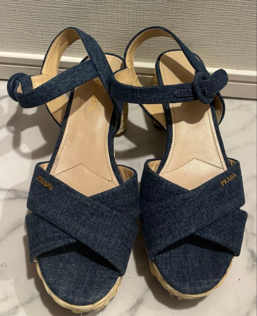 PRADA デニムウェッジソールサンダル