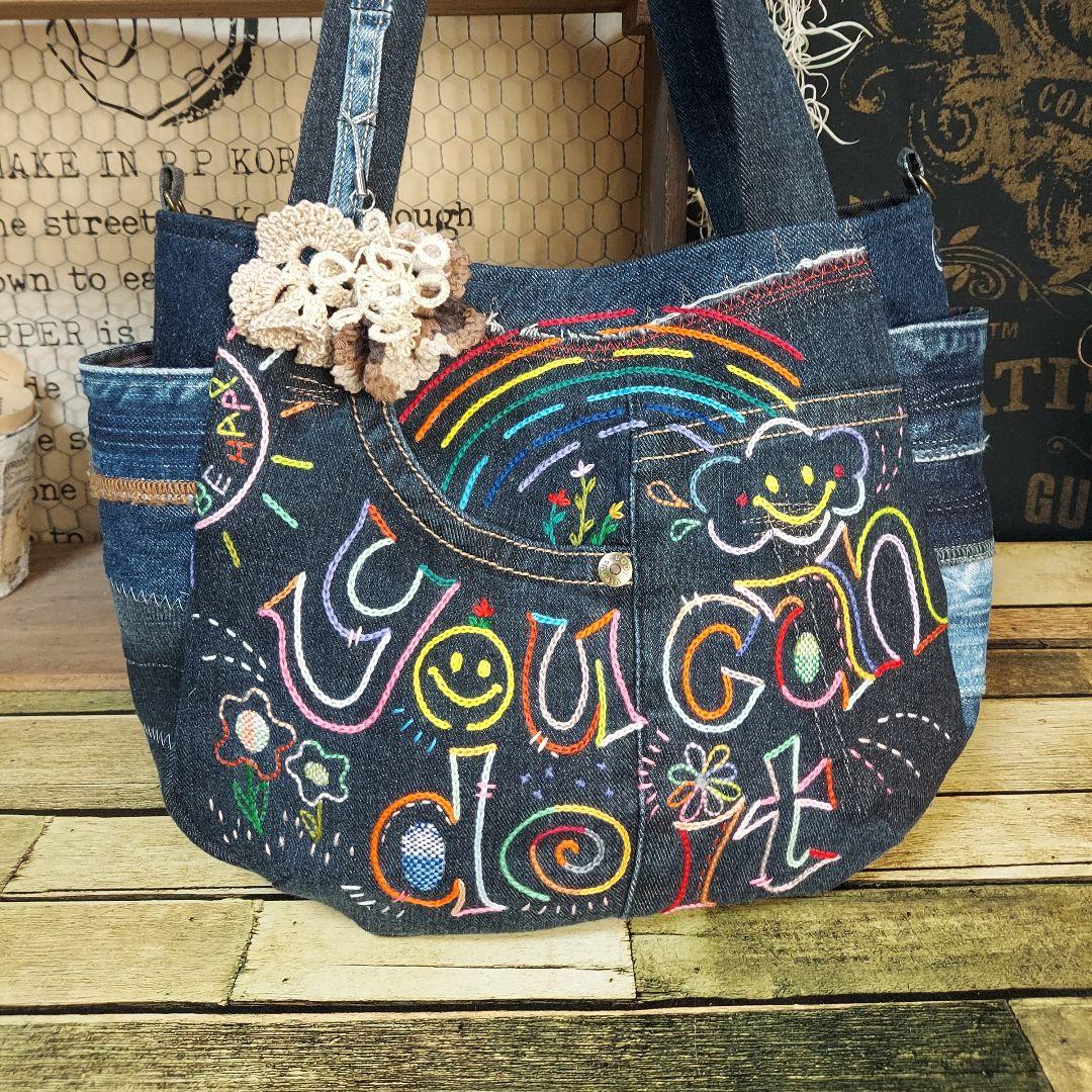 刺繍デニムバック　No.671　デニムリメイク　刺繍バック　サイドポケット