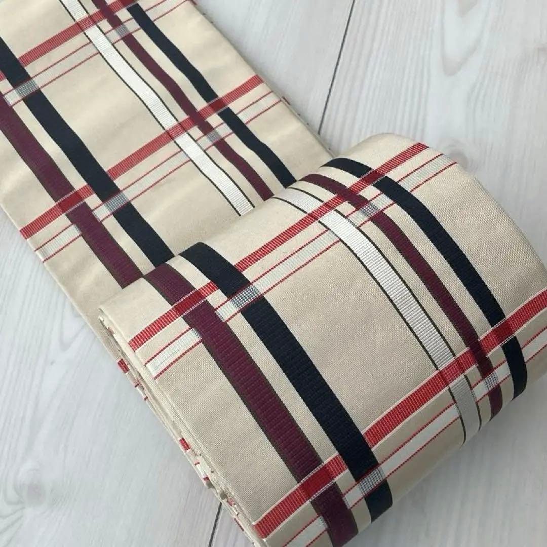 専用　　博多半幅帯　正絹　格子模様　織り出し　淡いベージュ　No.74-00