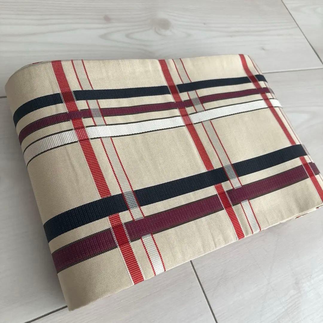 専用　　博多半幅帯　正絹　格子模様　織り出し　淡いベージュ　No.74-00