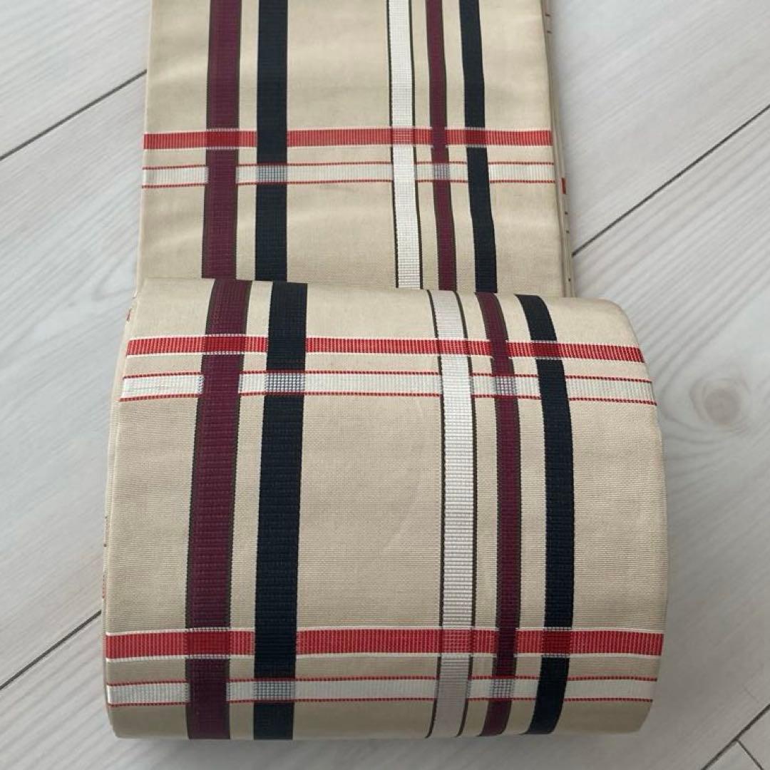 専用　　博多半幅帯　正絹　格子模様　織り出し　淡いベージュ　No.74-00