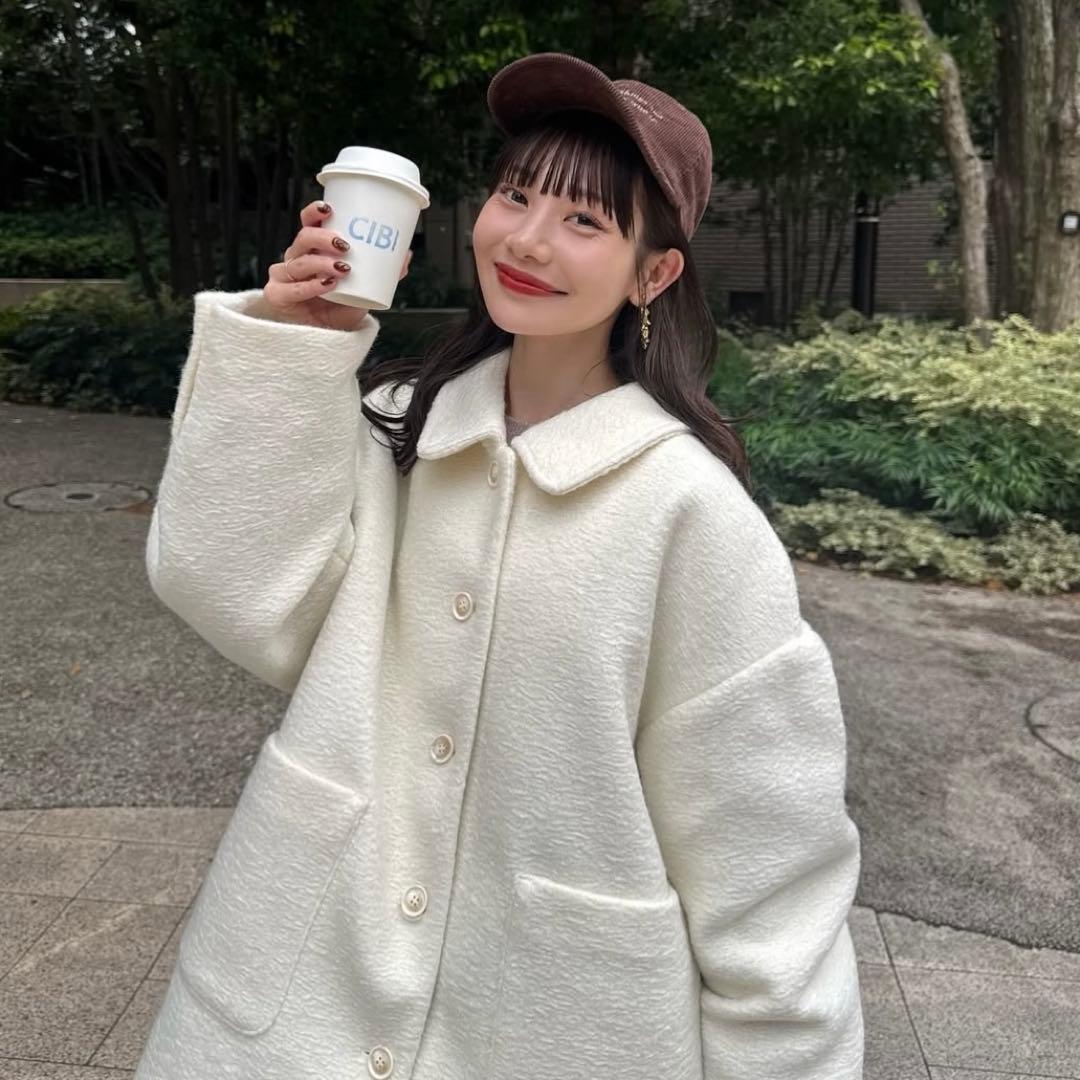 hinari ステンカラーシャギーミドルコート　ホワイト　タグ付き　新品未開封