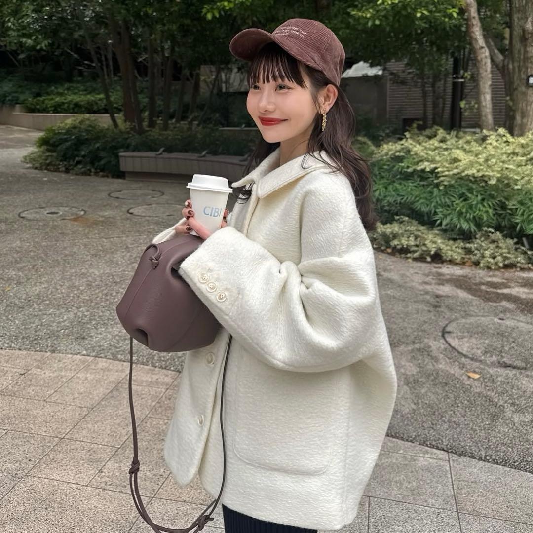 hinari ステンカラーシャギーミドルコート　ホワイト　タグ付き　新品未開封