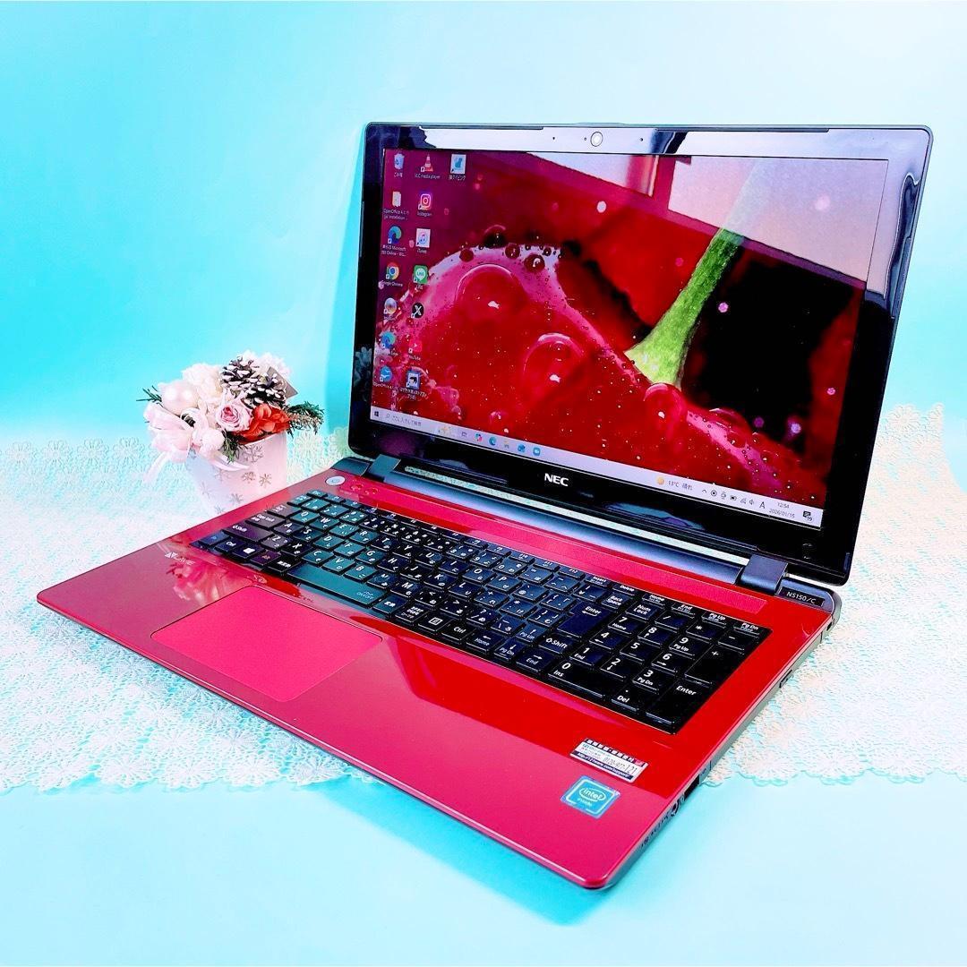 たっぷり大容量1TB✨️薄型ノートパソコン✨️おしゃれ赤❣️カメラ付きテンキー事務作業