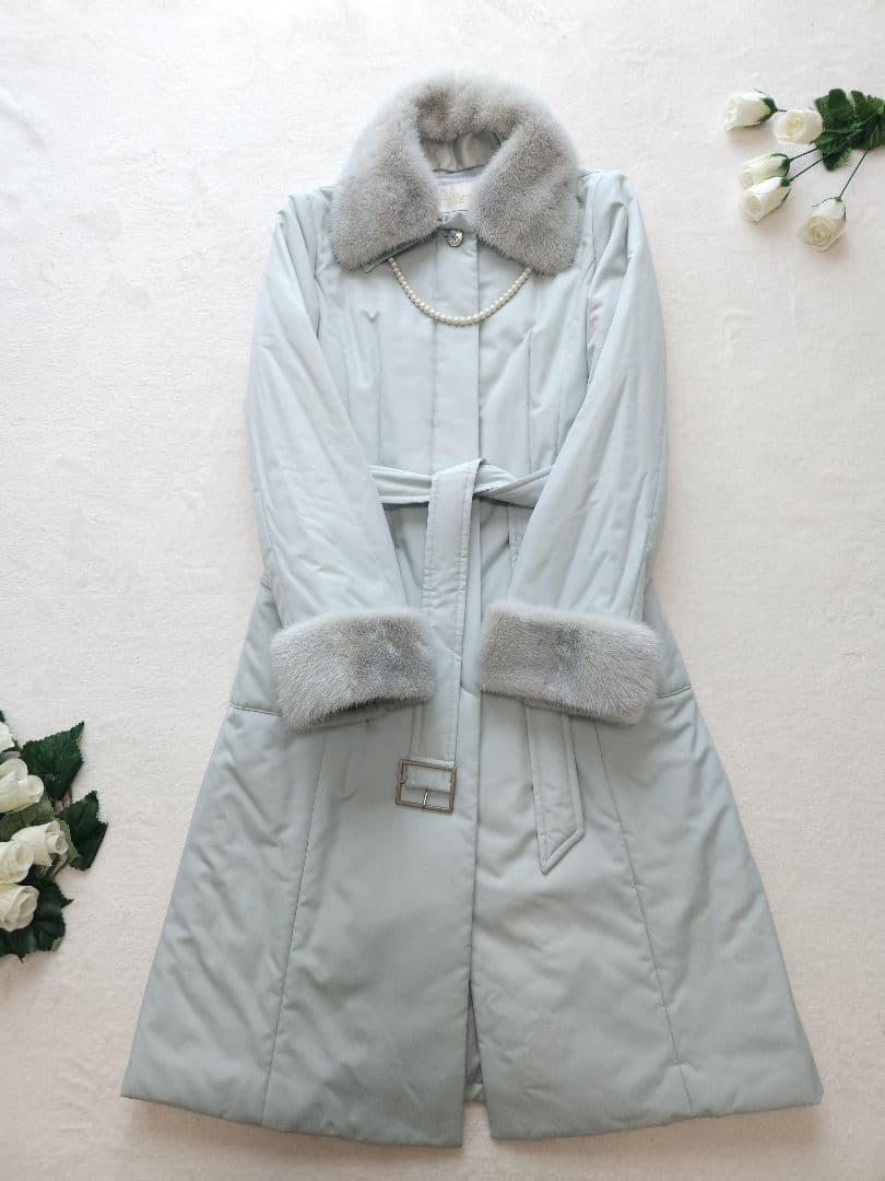 Harrods 美品 英国高級コート ミンクファー着脱可能 中綿 淡いブルー