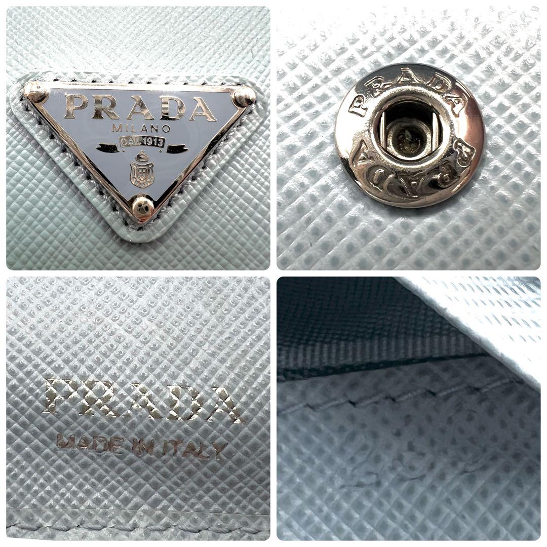 美品/現行✨プラダ 二つ折り財布 三角ロゴ レザー RFID ライトブルー 水色