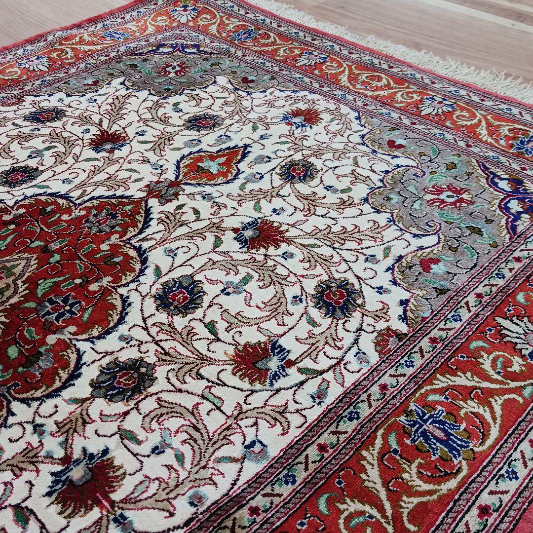 Y3292 高級ペルシャ絨毯 クム産 工房サイン シルク100% 手織り