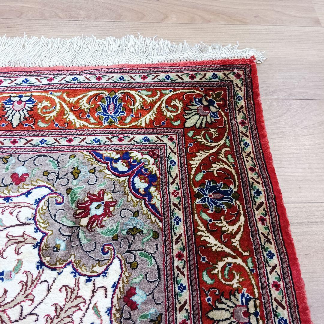 Y3292 高級ペルシャ絨毯 クム産 工房サイン シルク100% 手織り