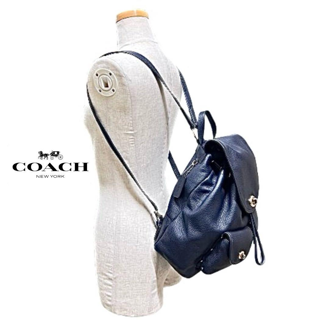 保存袋付！coach リュック375812ターンロック革レザーネイビーmi092
