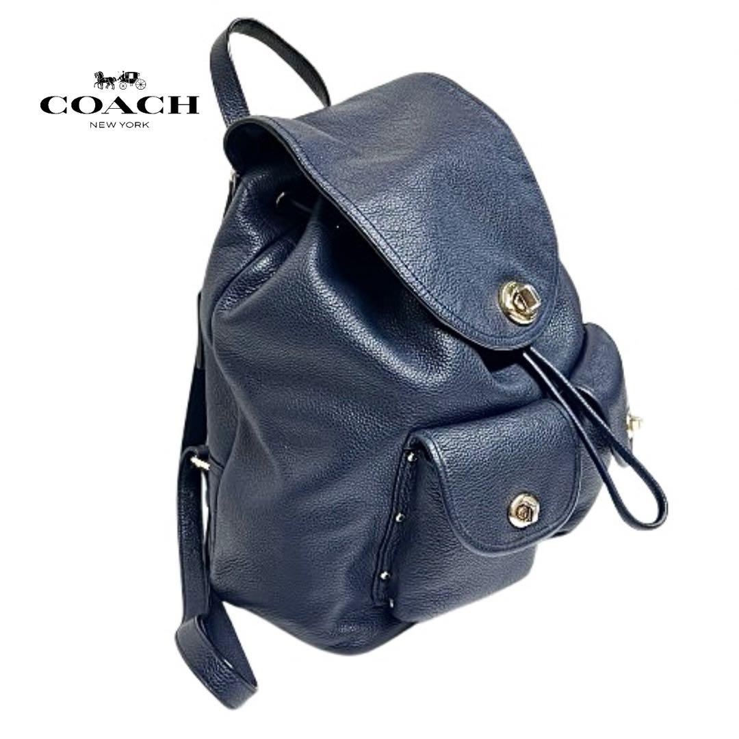 保存袋付！coach リュック375812ターンロック革レザーネイビーmi092
