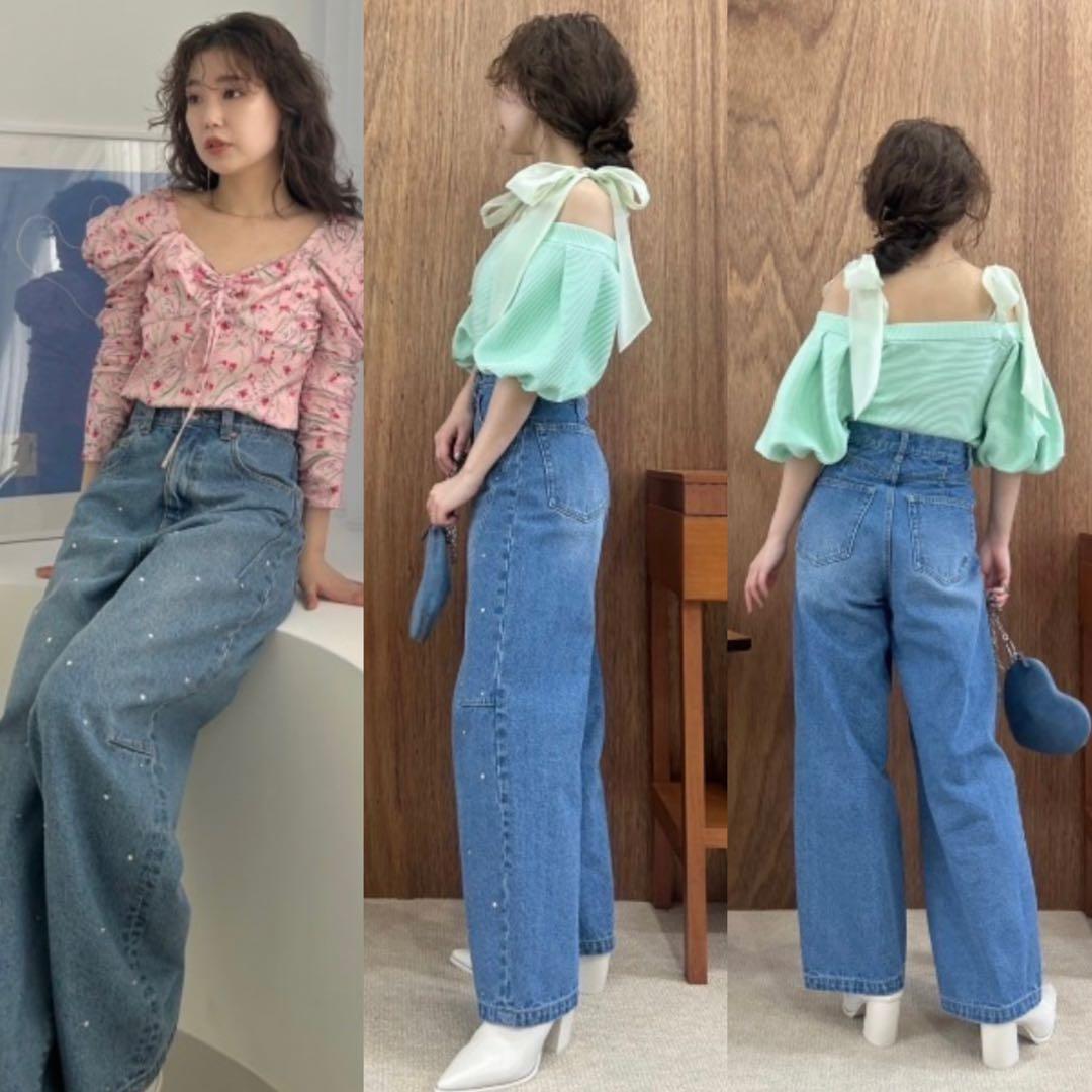 リリーブラウン　ハートビジューワイドデニムパンツ