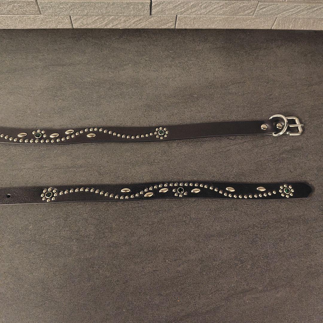 フラワー緑■本革レザーフルスタッズナローベルト☆グリーンエメラルドシルバー