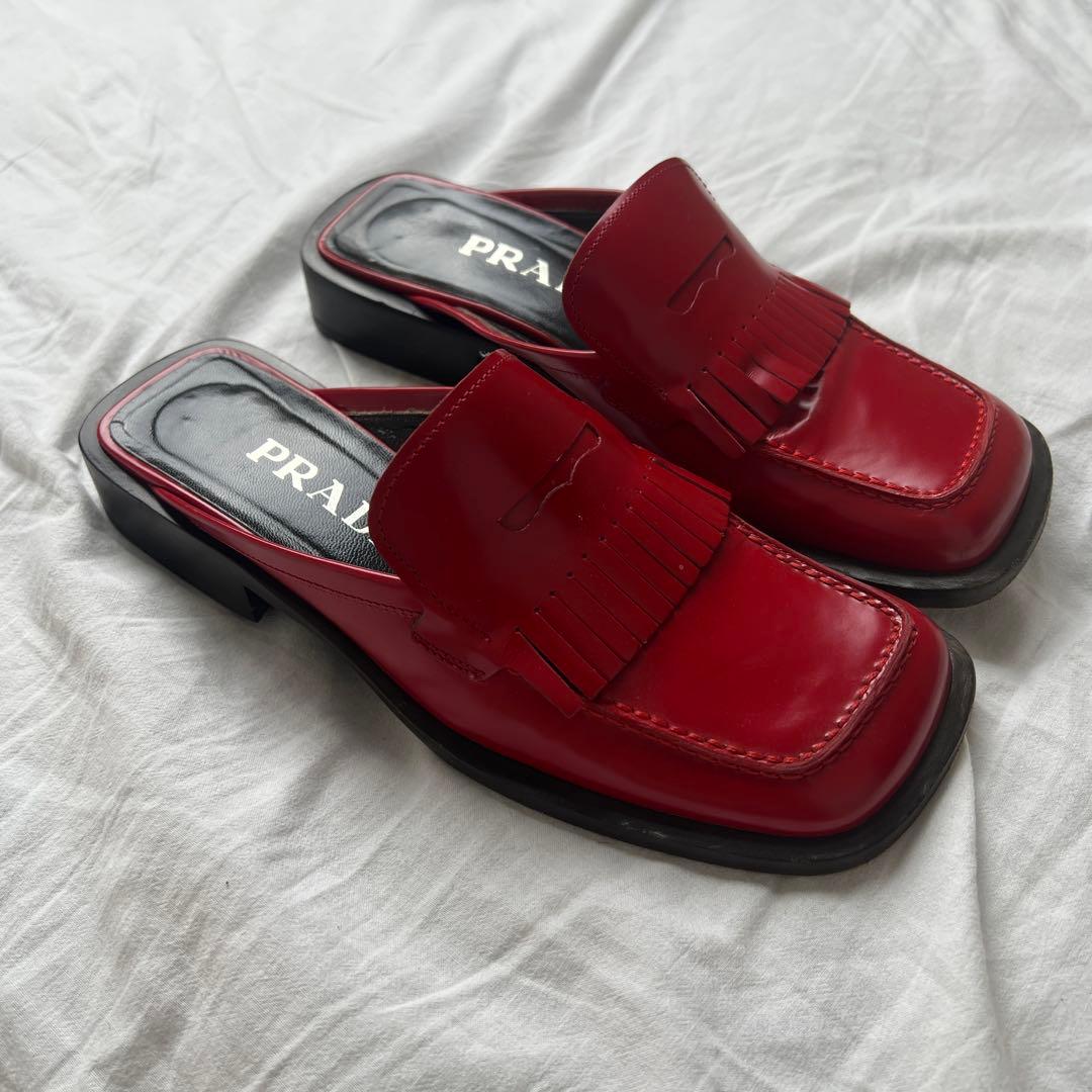 靴 99AW PRADA square toe leather mules red
