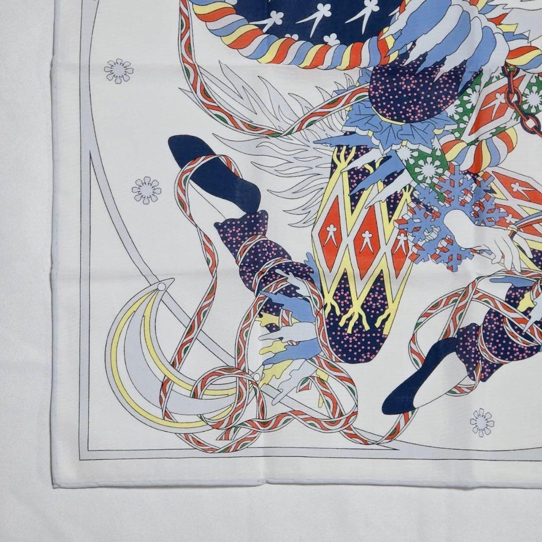 極美品 ★HERMES★ ハンカチ 冬の祭典 綿100％ ホワイト ブルー 箱