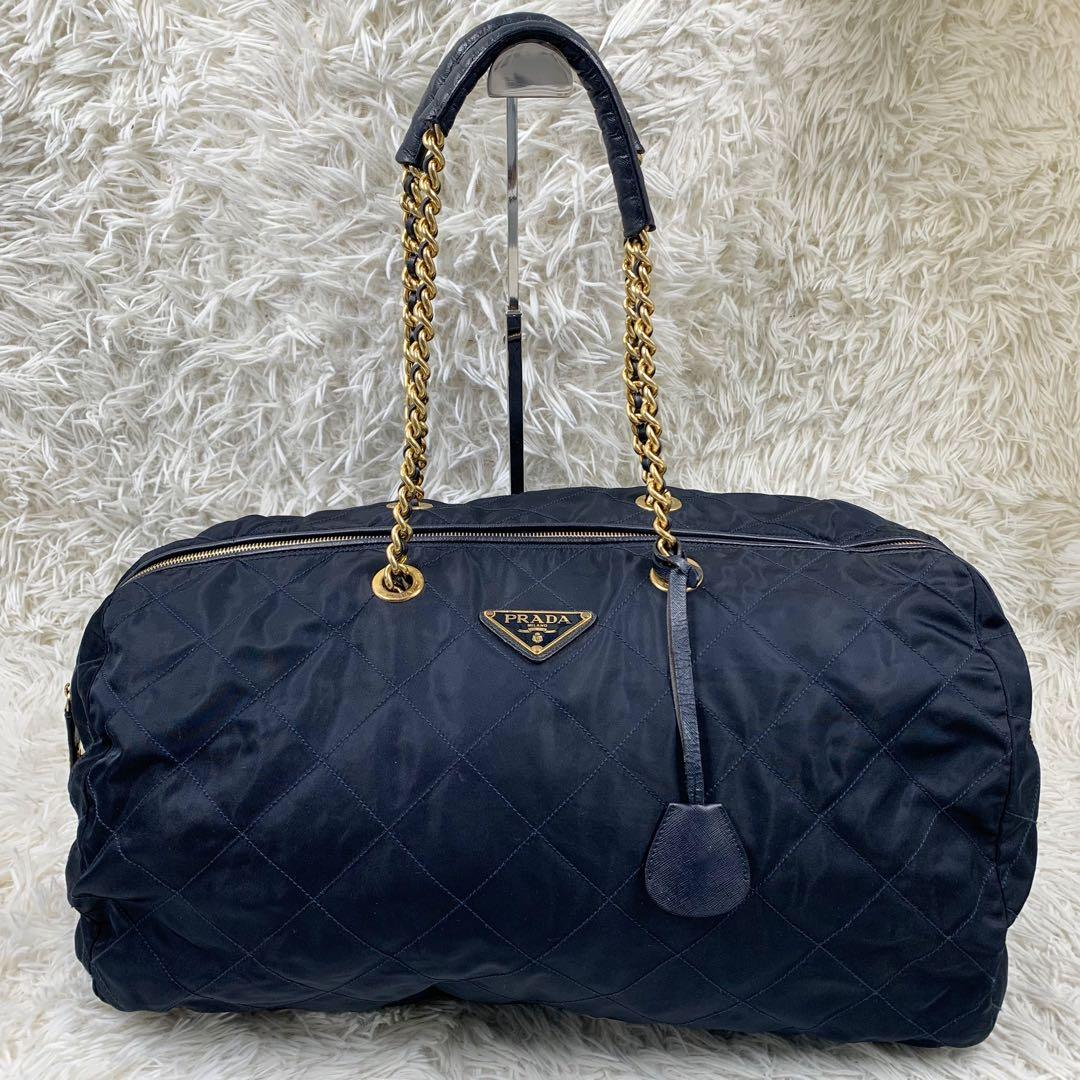 【✨美品✨】プラダ ボストンバッグ キルティング 三角ロゴ ナイロン ネイビー