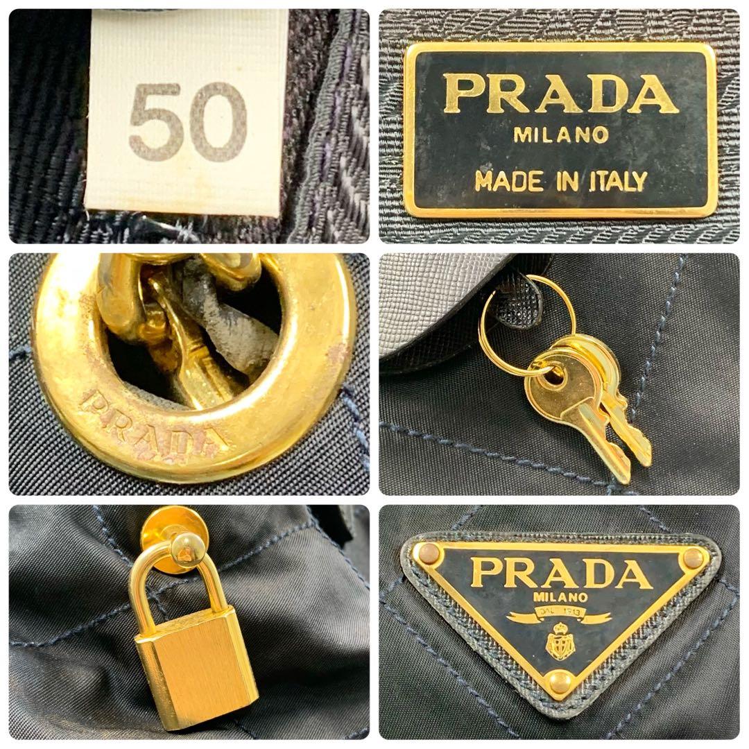 【✨美品✨】プラダ ボストンバッグ キルティング 三角ロゴ ナイロン ネイビー