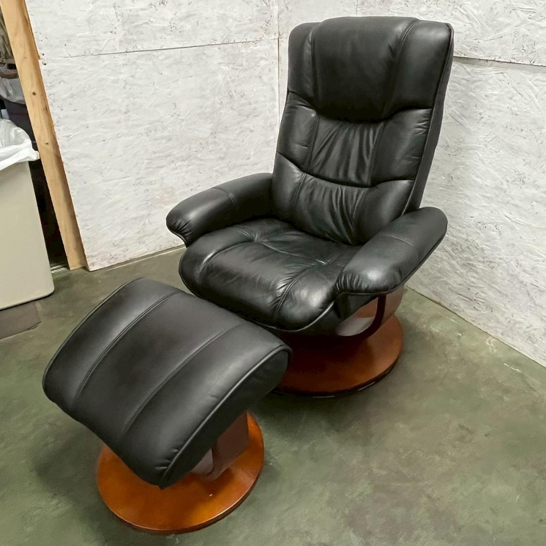 革張り パーソナルチェア オットマン ブラック リクライニングチェア A0832
