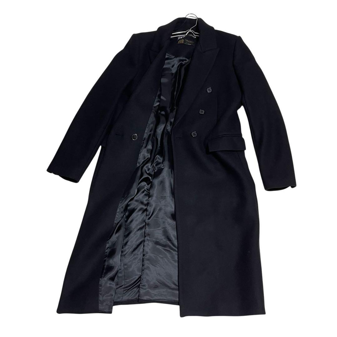 【美品】ZARA ダブルブレスト ウールコート マキシ丈 マンテコ生地 黒 L