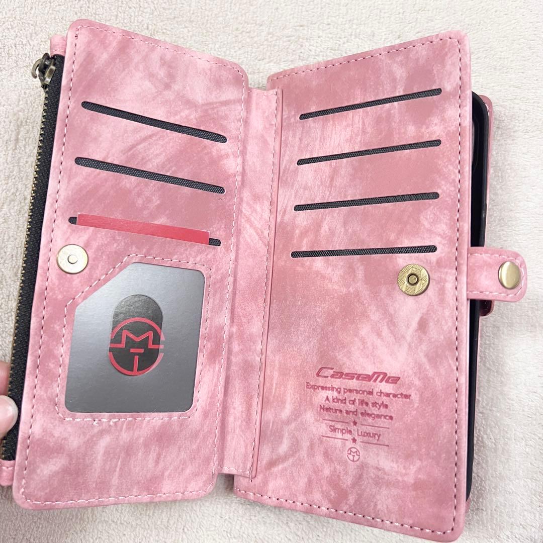 ジッパー付き iPhone 14 Plus ケース ピンク ウォレット 財布