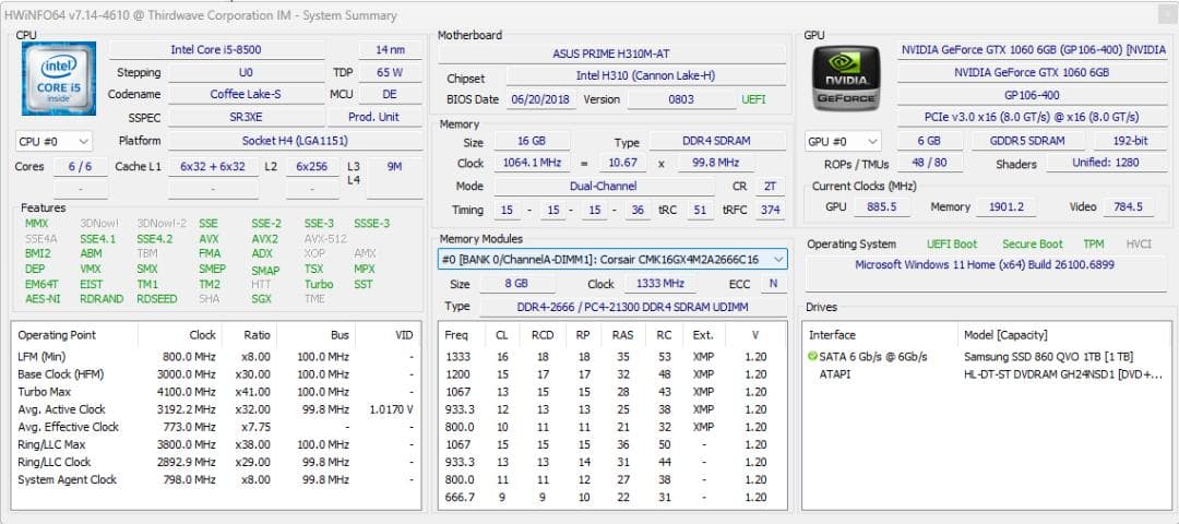 タワーPC(i5-8500,16GBメモリ,1TB SSD,GTX1060)
