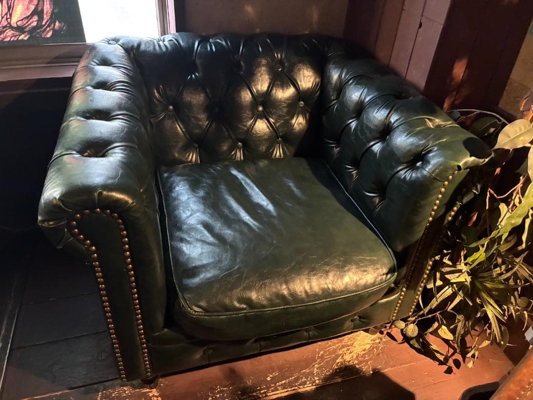 【アンティーク】ダークグリーン レザー アームチェア