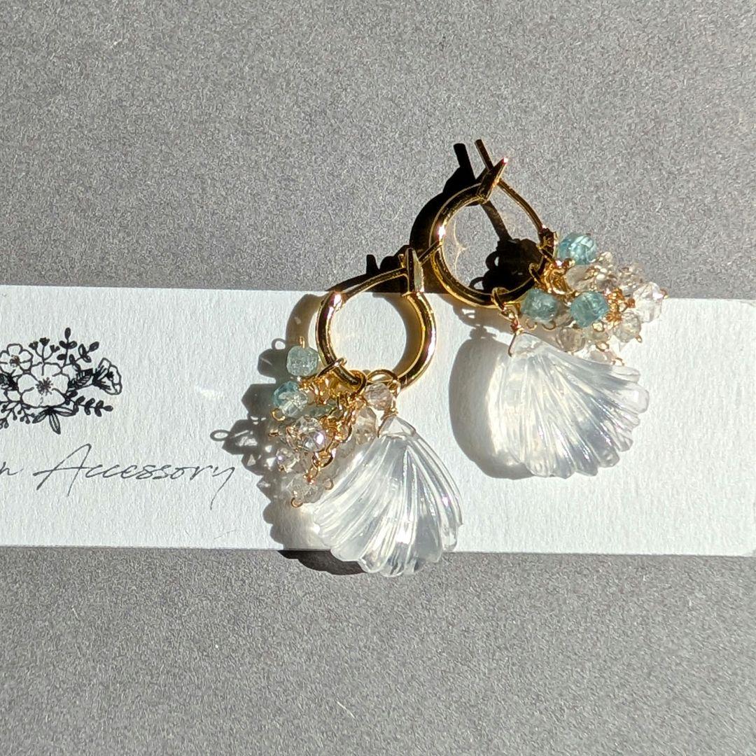 mn様 アイスクォーツ 銀杏カービング フープピアス