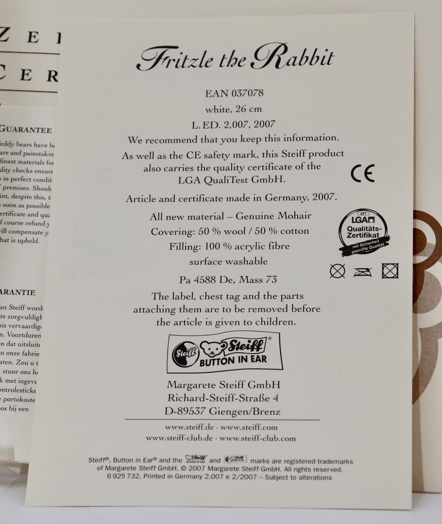 Steiff ウサギ Fritzle the Rabbit オルゴール付首振り