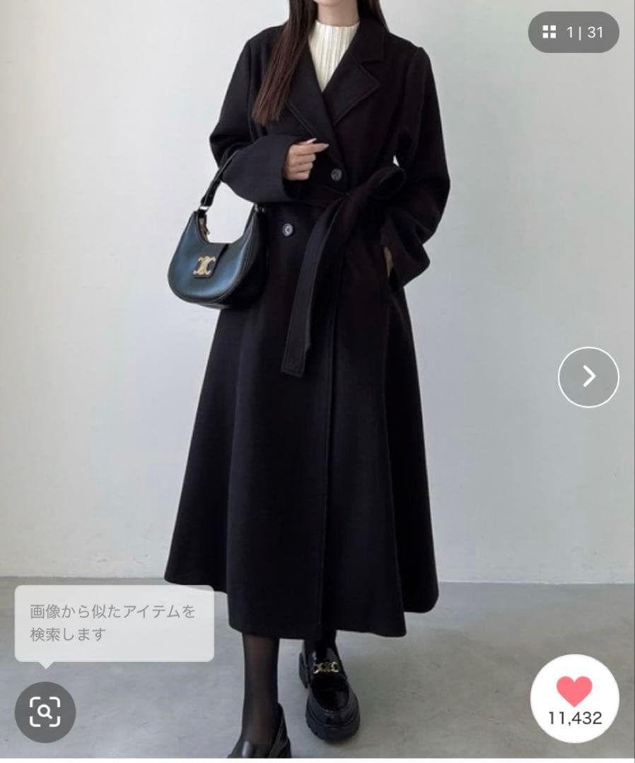 JUNOAH Meiru ダブルボタンフレアロングチェスターコート ブラック S