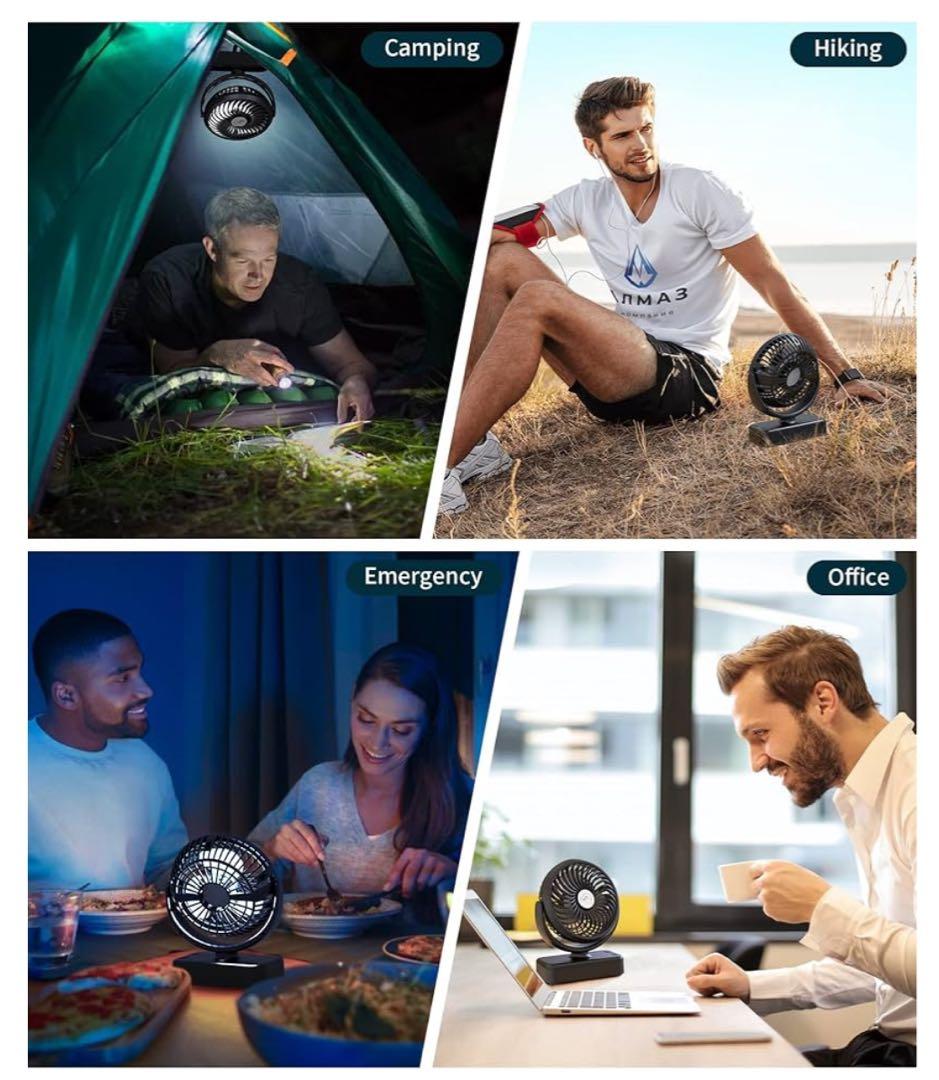 キャンプ用ファン LEDライト付き テントファン 吊り下げフック付き 充電式