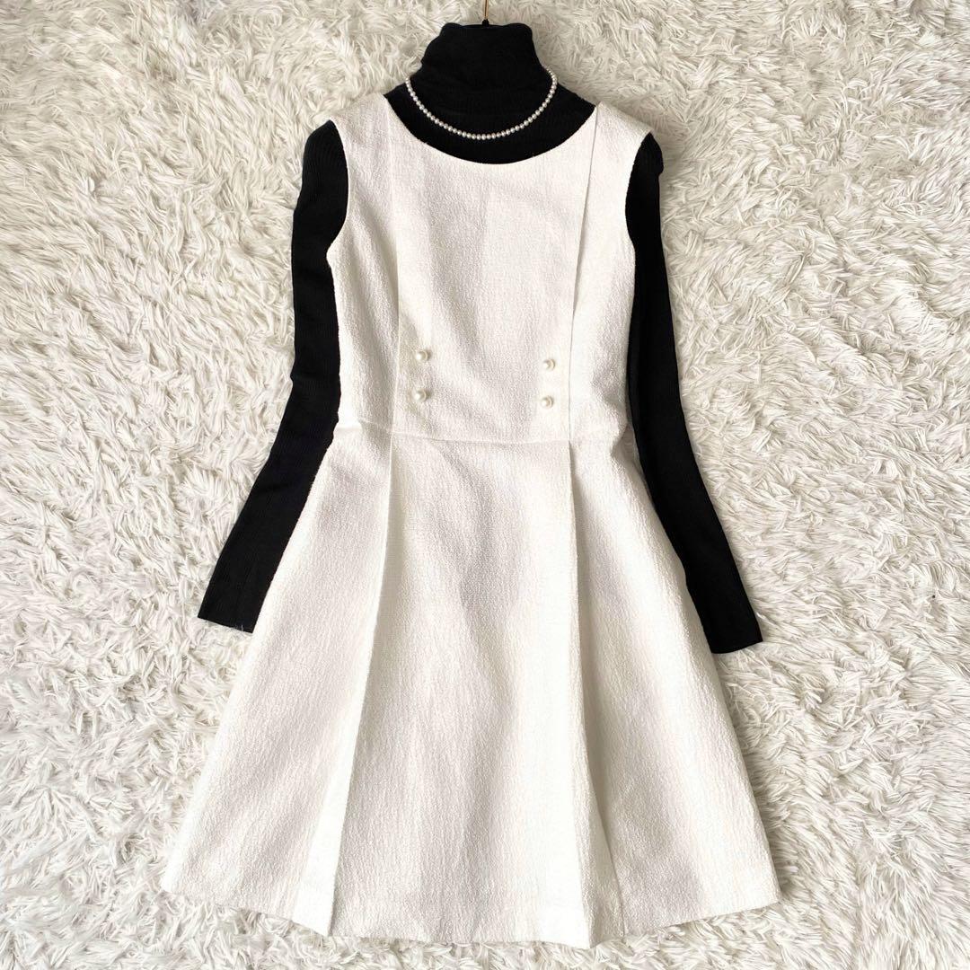 極美品✨Rene TISSUE 高級ツイードワンピース フレア パール ホワイト