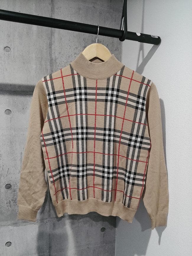 美品 バーバリー ノバチェック カシミヤ混 ラムウール ハイネック セーター M