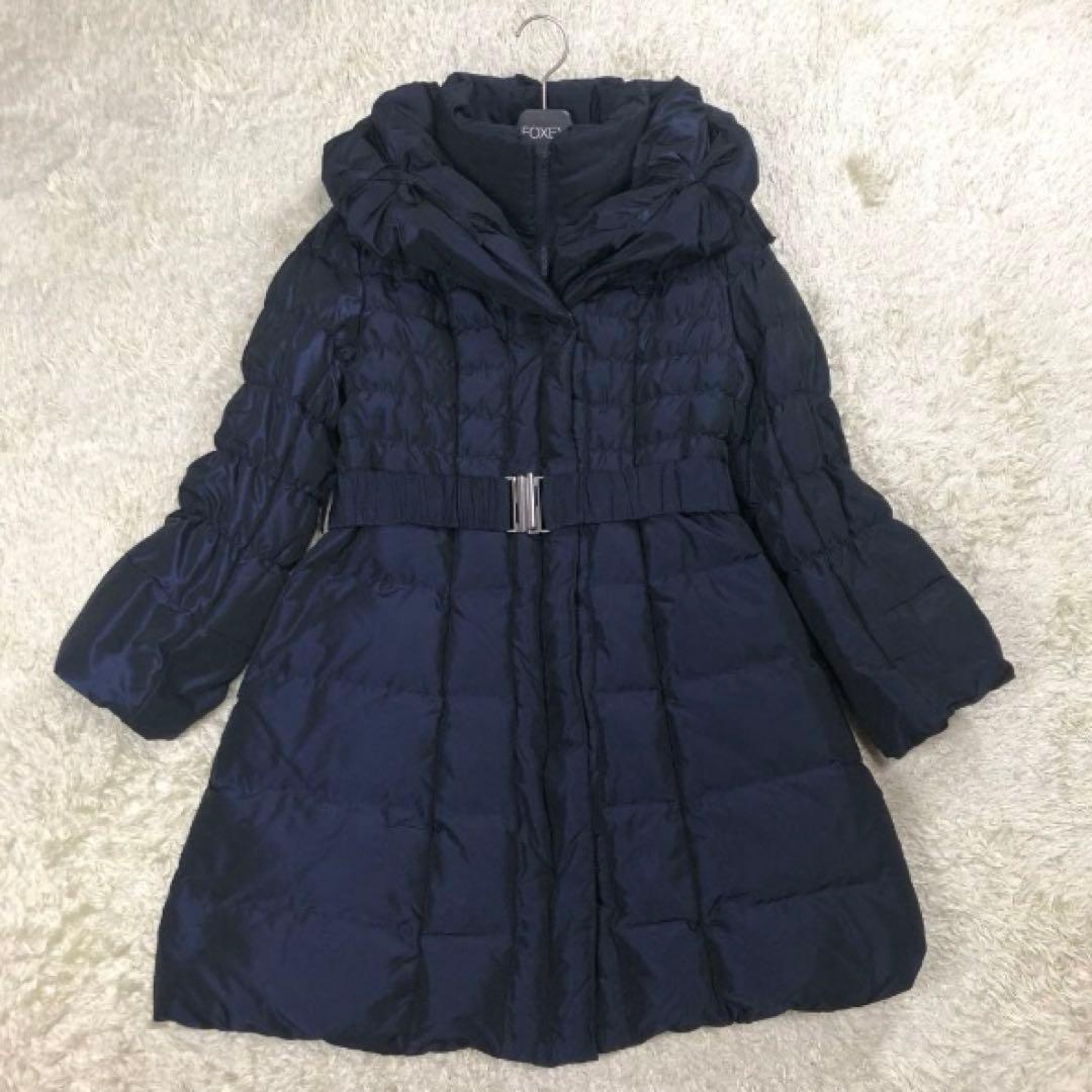 【美品】Super Beauty ダウンコート リボン ベルト 裏地総柄 紺42