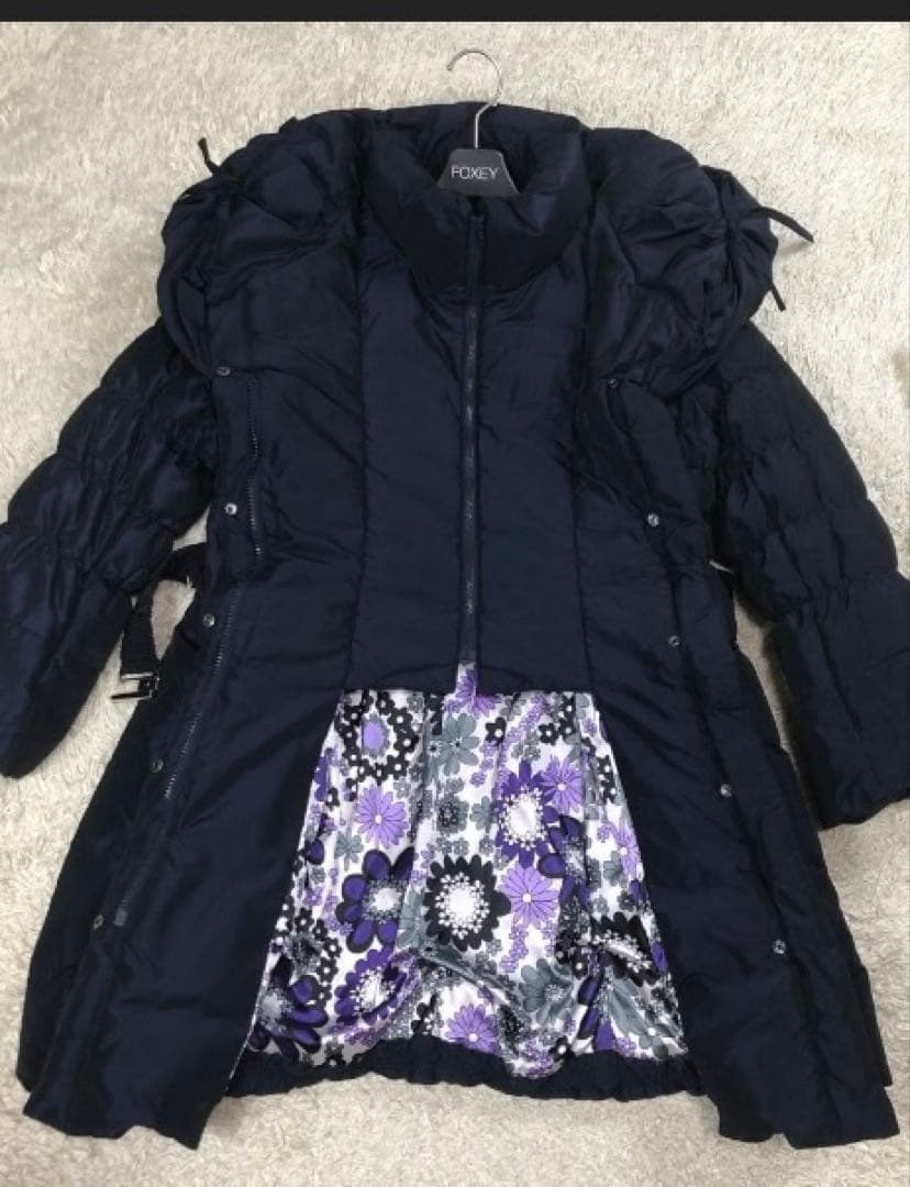 【美品】Super Beauty ダウンコート リボン ベルト 裏地総柄 紺42