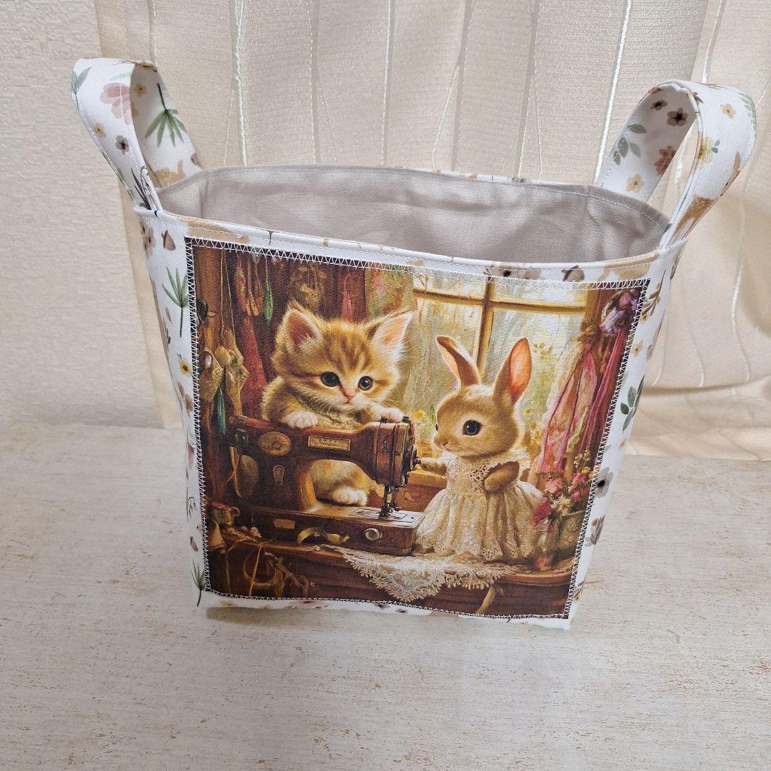 激レアねこパネル生地　ハンドメイド　布バスケット