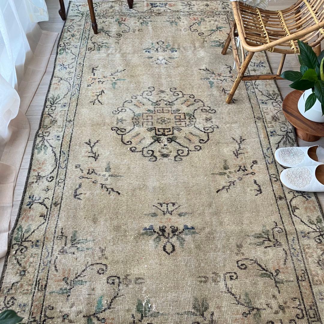 シノワズリ✳︎109×200ロイヤルミルクティー　グリーン　トルコヴィンテージラグ