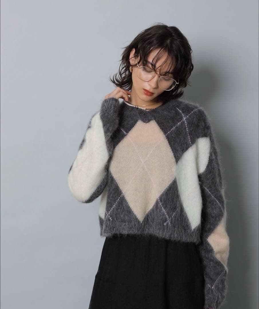 CADUNE カデュネ　Kidモヘアアーガイルニット　チャコールグレー　M