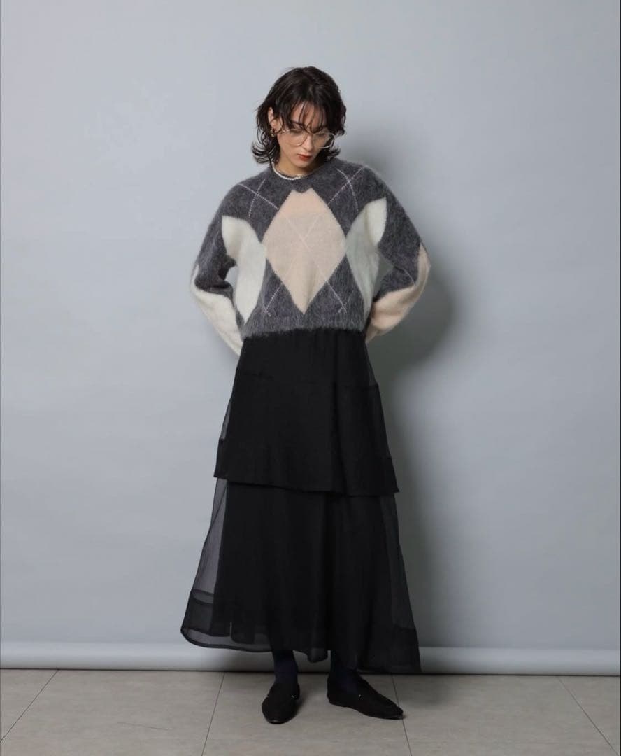 CADUNE カデュネ　Kidモヘアアーガイルニット　チャコールグレー　M