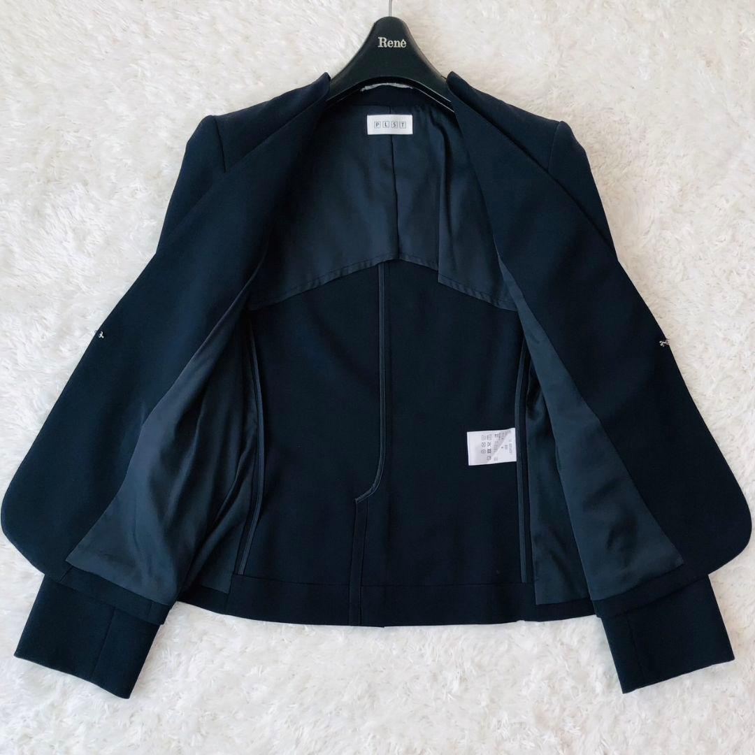 プラステ セットアップ ジャケット ノーカラー パンツ ベルト 紺 ゴム M L