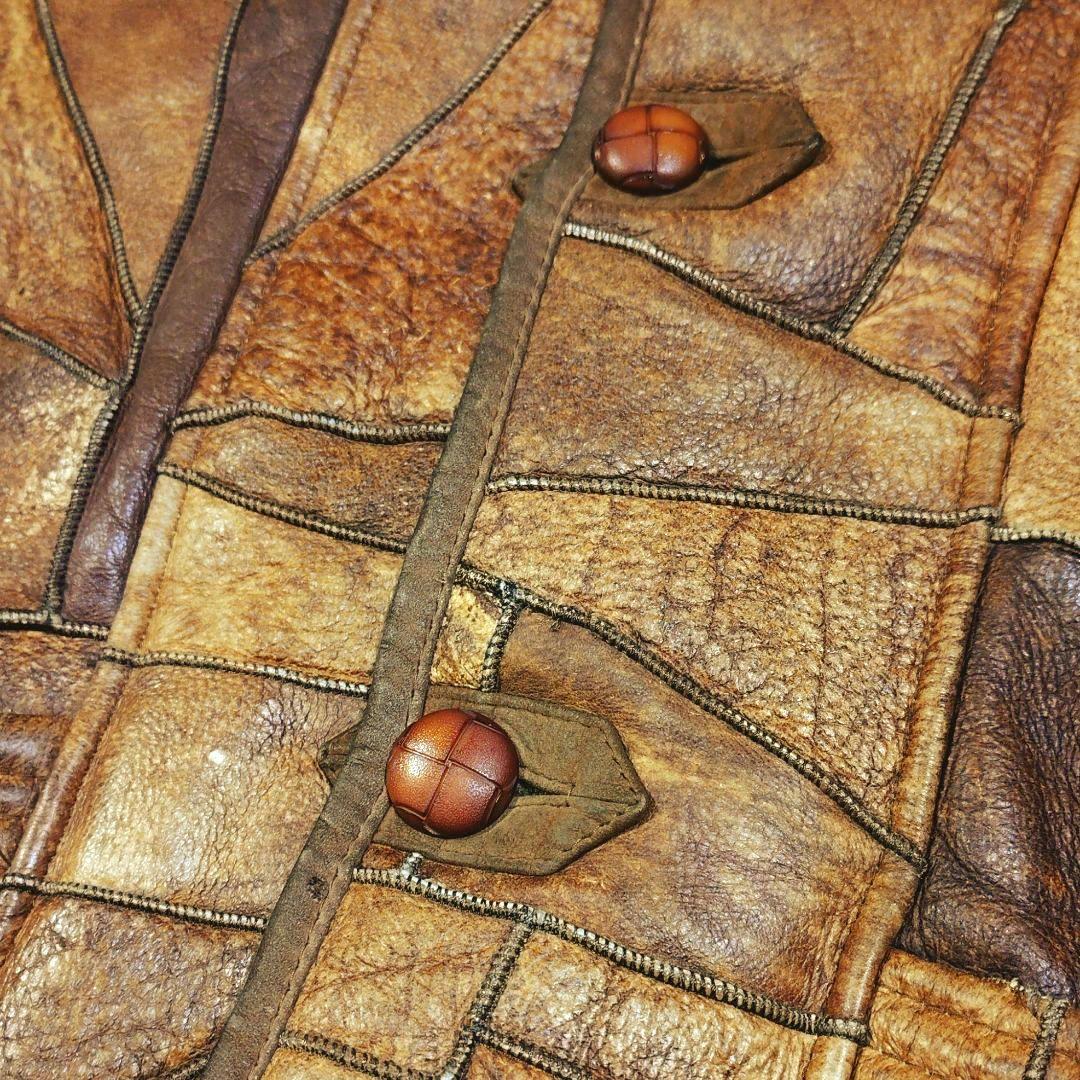 シープスキン 内ボア パッチワーク ベスト くるみボタン ヴィンテージ Lサイズ