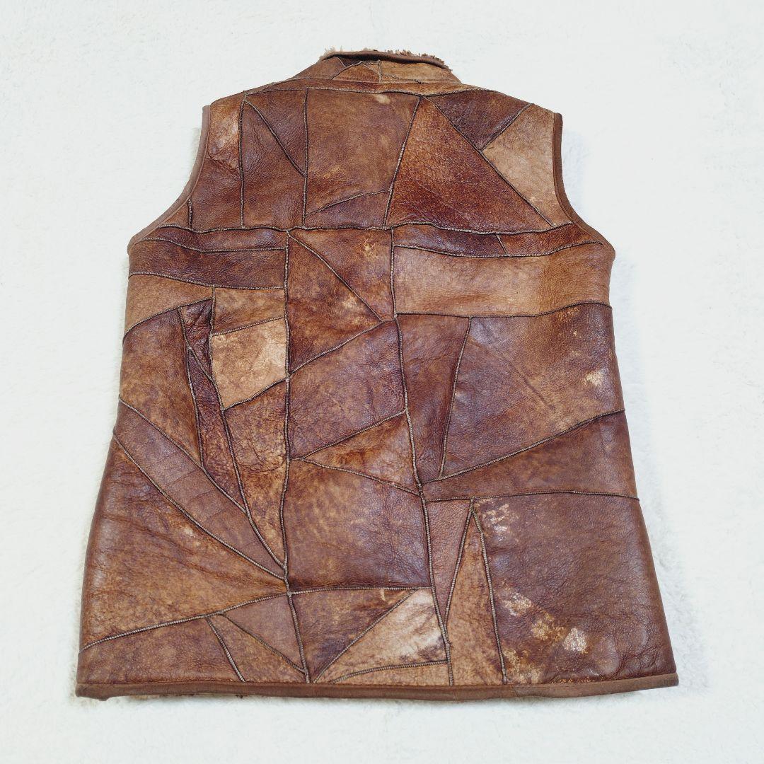 シープスキン 内ボア パッチワーク ベスト くるみボタン ヴィンテージ Lサイズ