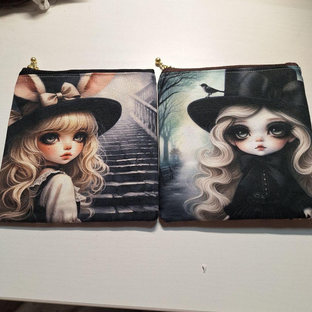 可愛い女の子パネル生地　ハンドメイド　フラットポーチ