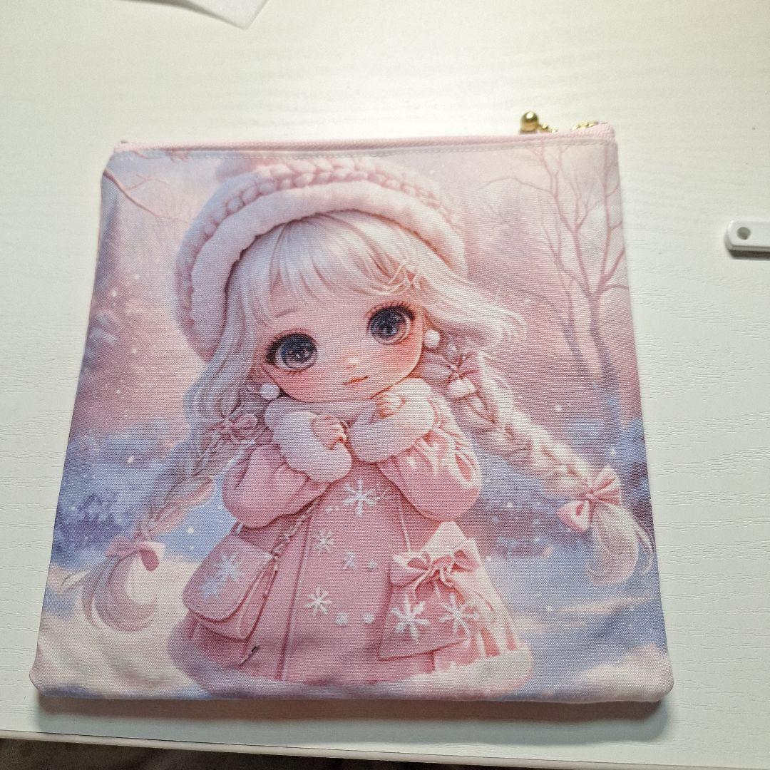 可愛い女の子パネル生地　ハンドメイド　フラットポーチ