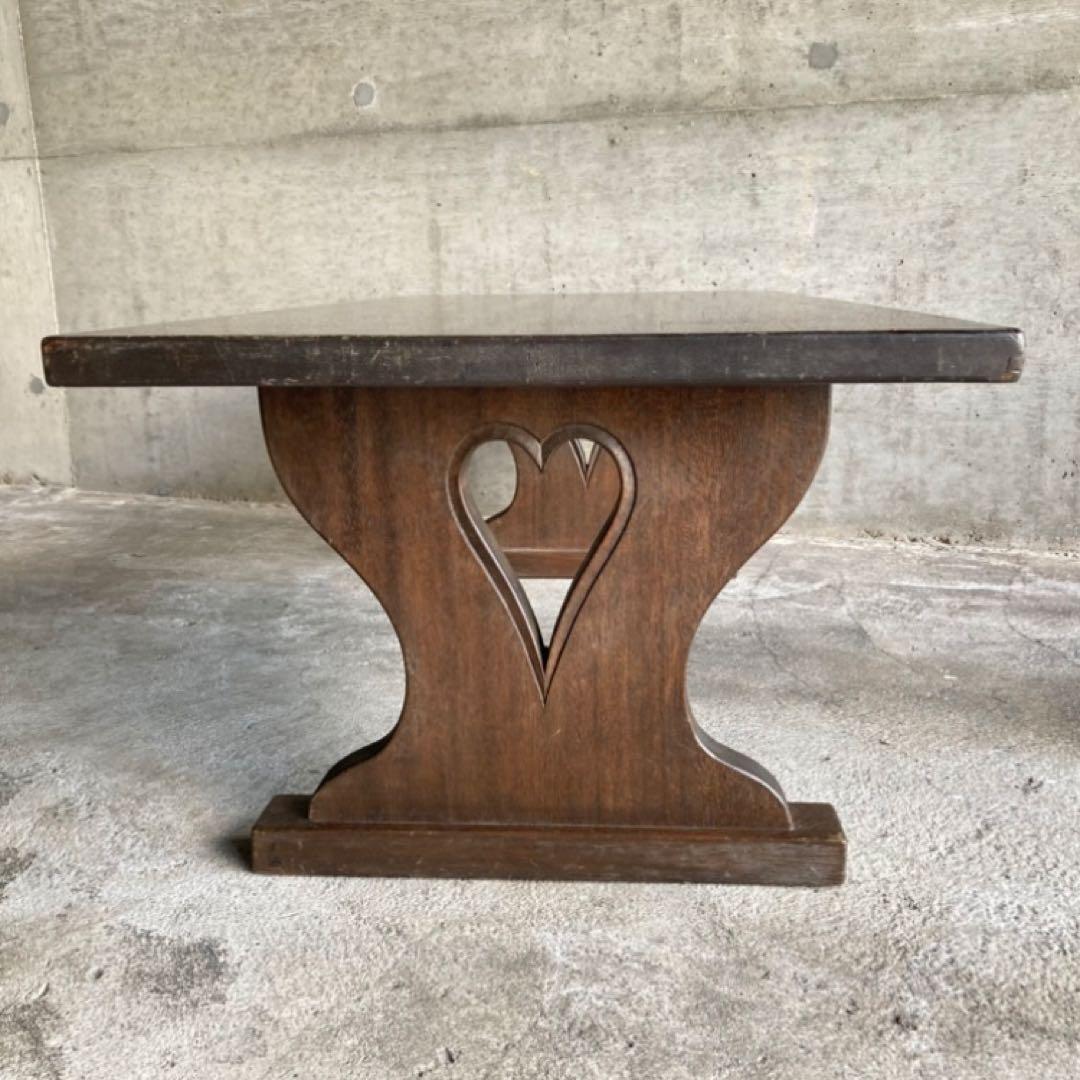 古い味のある文机 座卓 置物台 飾り棚 大型 透かし ハート型 木製 レトロ