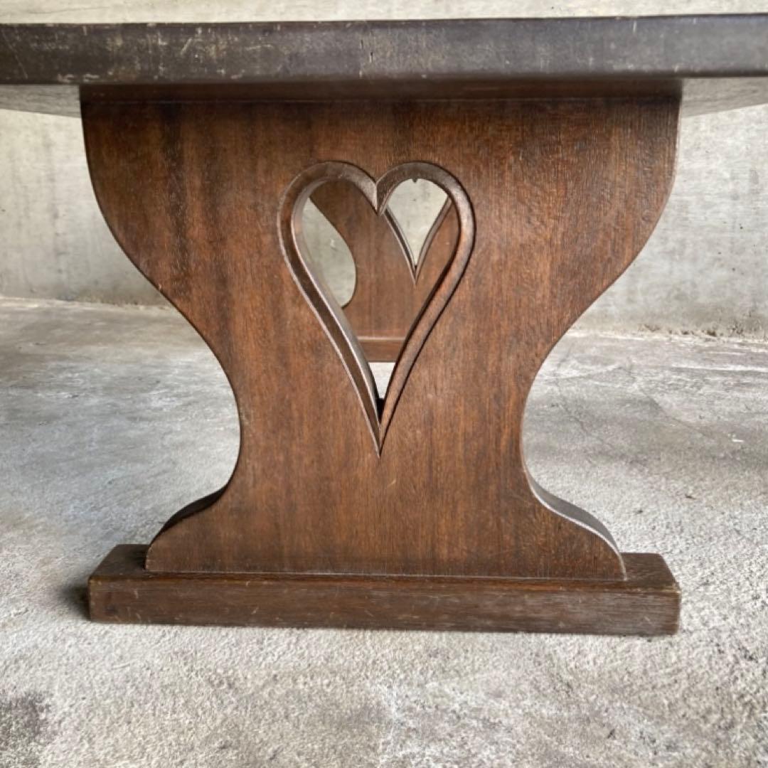 古い味のある文机 座卓 置物台 飾り棚 大型 透かし ハート型 木製 レトロ