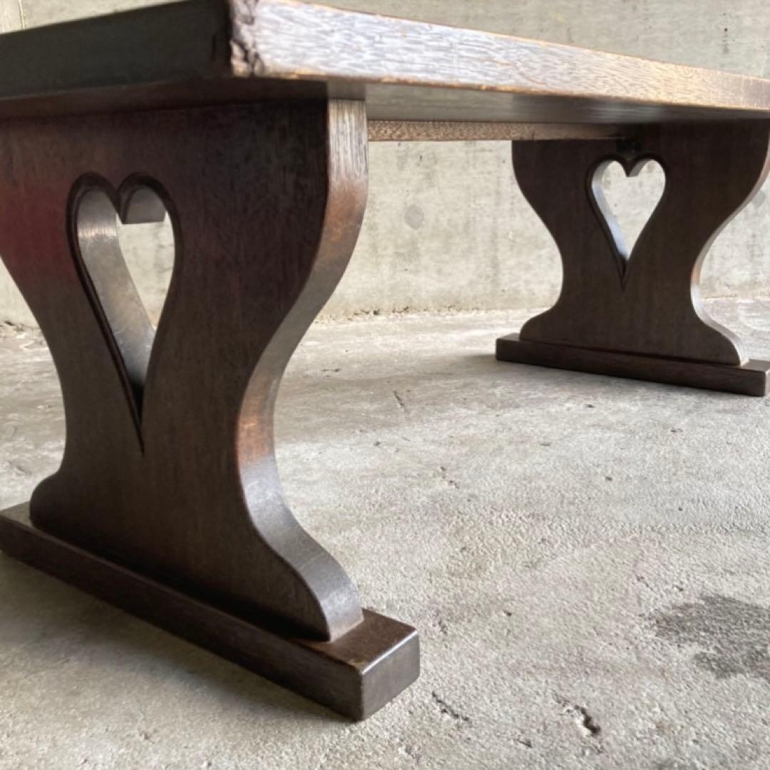 古い味のある文机 座卓 置物台 飾り棚 大型 透かし ハート型 木製 レトロ