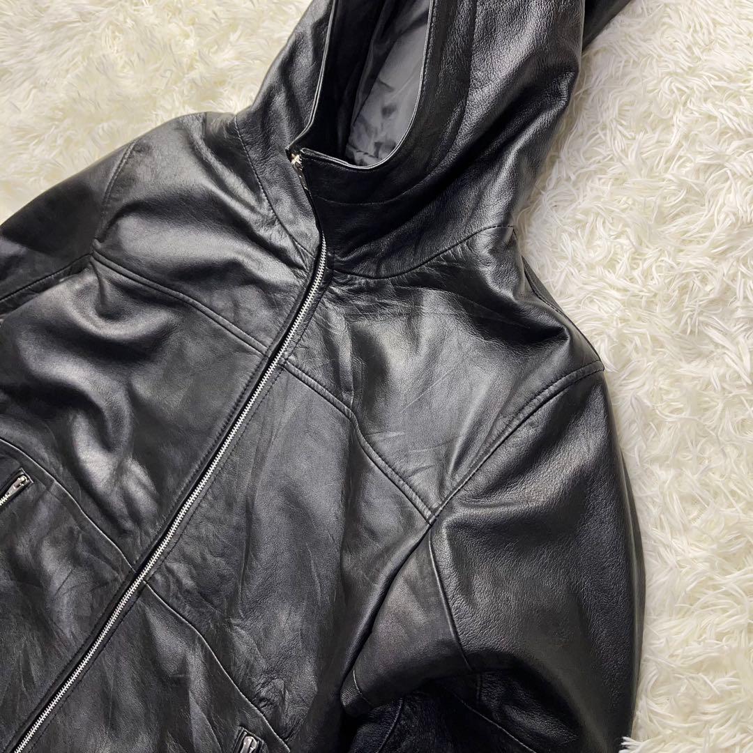 【大きいサイズ】roshell フード レザージャケット XXL 本革 ブラック