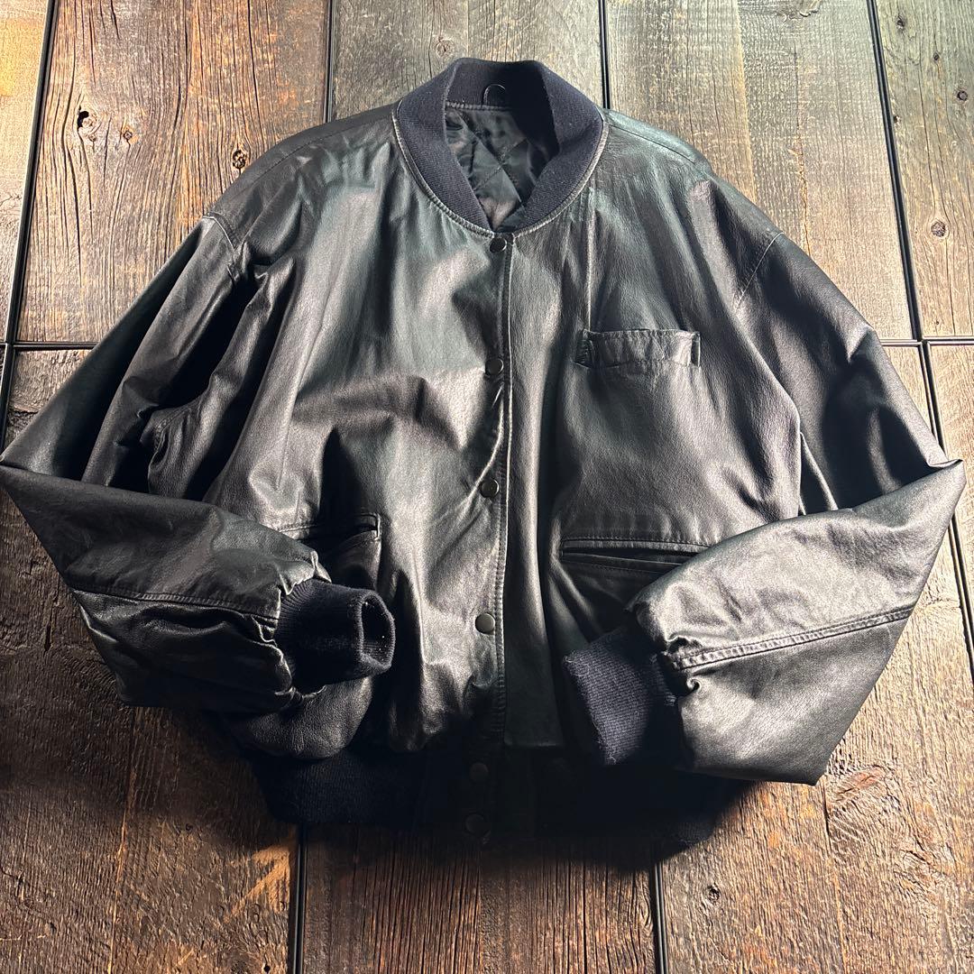 古着　本革　レザーボンバージャケット　短丈レザーブルゾン　ブラック　L太アーム.