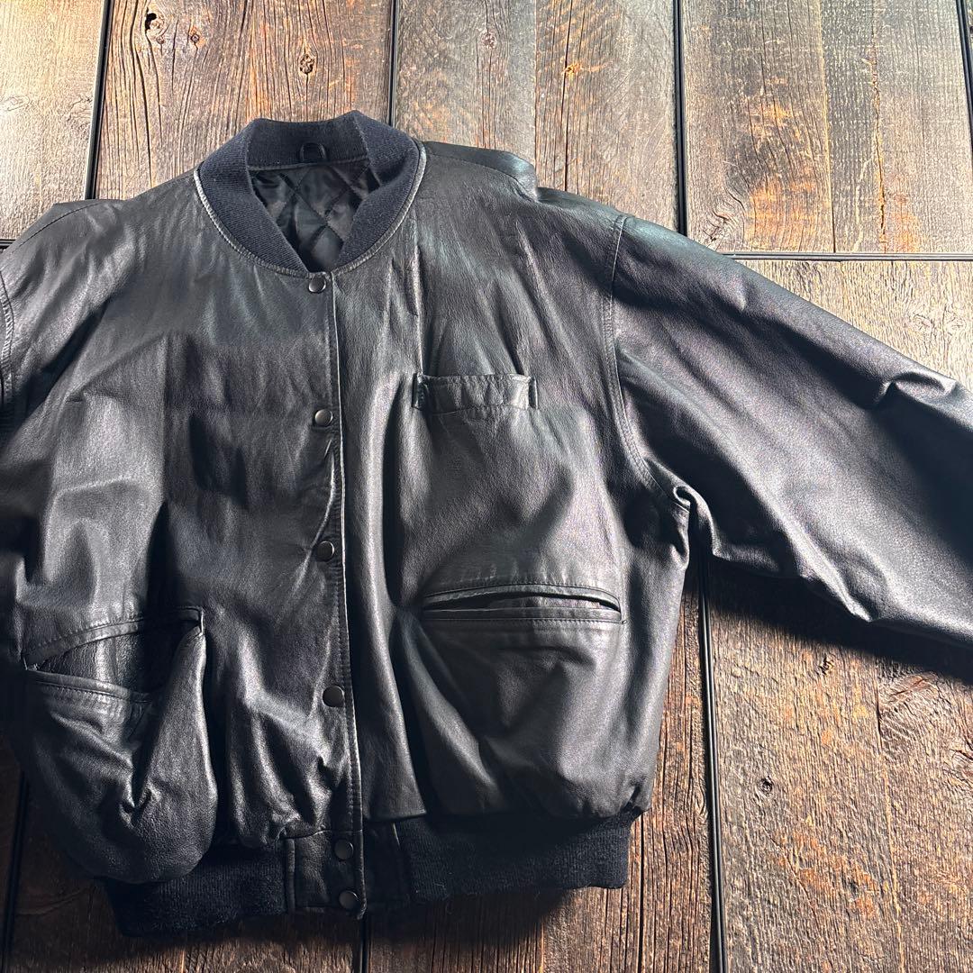 古着　本革　レザーボンバージャケット　短丈レザーブルゾン　ブラック　L太アーム.